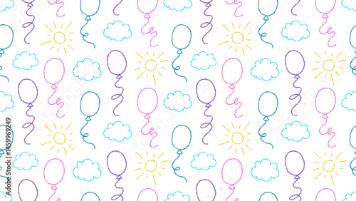 Crayon background with clouds, sun and balloons flying in sky. Abstract hand drawn seamless pattern for birthday party, gift wrapper, decoration with chalk balloons in sky, vector illustration