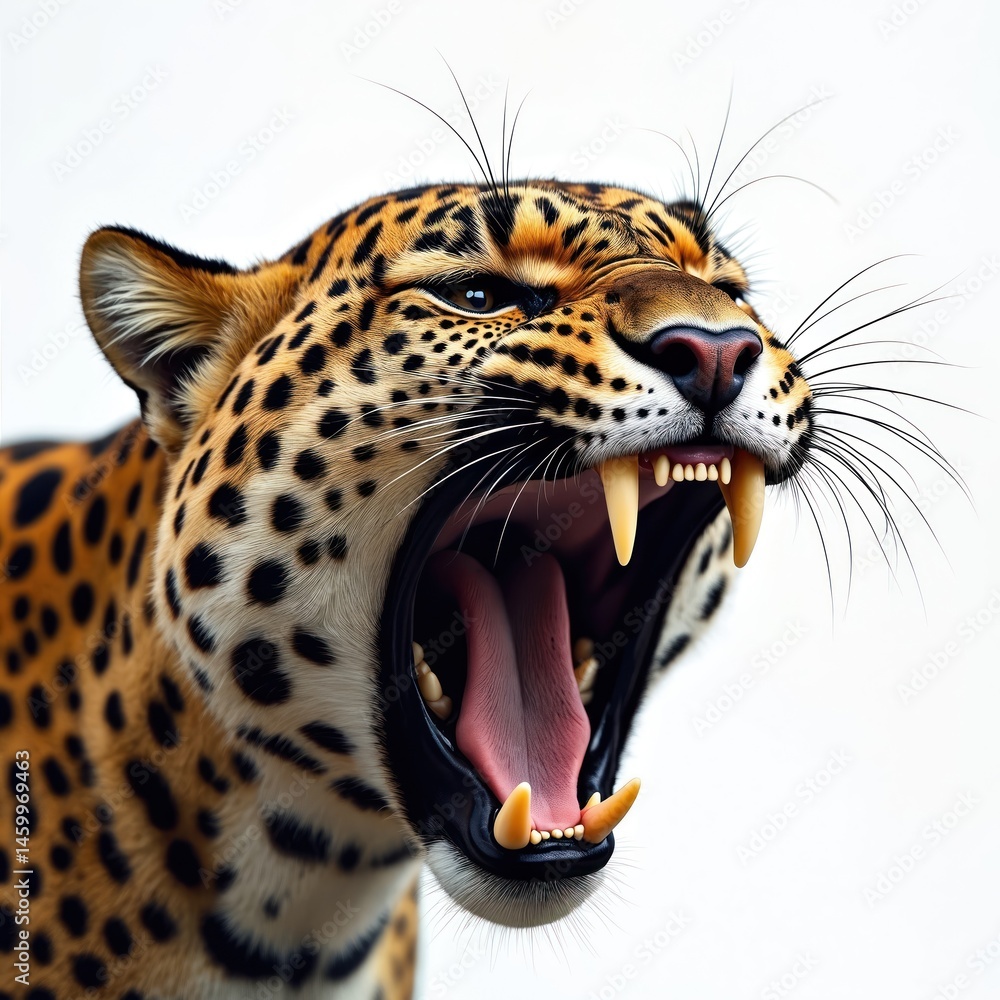 Obraz premium Close-up of angry leopard Panthera pardus growling, baring fangs, isolated white background. Spotted wild cat portrait. Predator, big cat, feline. Powerful, dangerous animal in zoo, safari, wildlife