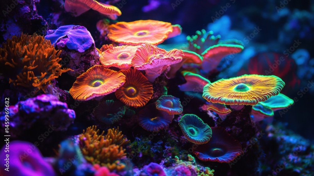 Fototapeta premium Vibrant coral formations illuminated by underwater lights.