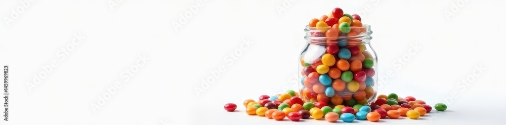 Clear glass jar overflowing with colorful candies on white , glass, gourmet candy Clear glass jar overflowing with colorful candies on white , glass, gourmet candy