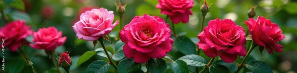 Close-up of pruned rose bushes, vibrant green leaves , branches, blossom Close-up of pruned rose bushes, vibrant green leaves , branches, blossom