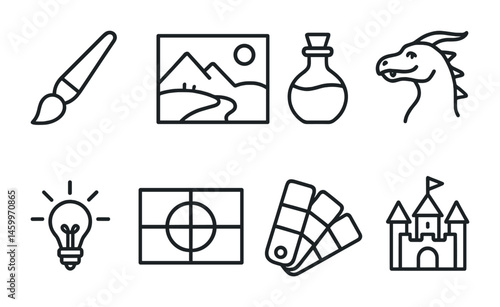 Creative tools and fantasy elements: brush, landscape, potion, dragon, and more icons.
