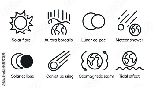 Space events icons: solar flare, aurora, eclipse, meteor shower, comet, geomagnetic storm, tidal effect.