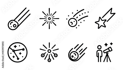 Minimalist astronomy icons: comet, constellation, telescope, shooting star, meteor.
