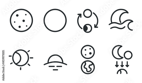 Minimalist weather and celestial icon set: sun moon ocean earth clouds.