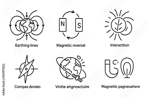 Science and magnetism icons illustrating earth lines, polarity, and magnetic concepts.