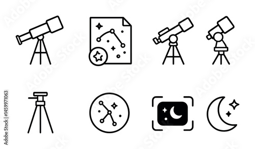 Telescope and astronomy icon set featuring constellations and moon.