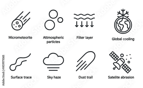 Set of black line icons representing various atmospheric and space phenomena.