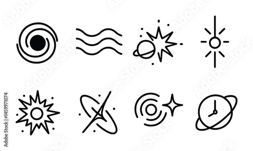 Abstract minimalist space icons: planets, stars, waves, clock.