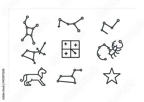 Black and white zodiac constellations and symbols on white background.