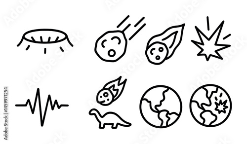 Dinosaur extinction symbols: asteroids, craters, and earthquake impact icons.