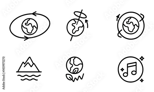 Earth and nature icons: mountain, music, global rotation symbols.