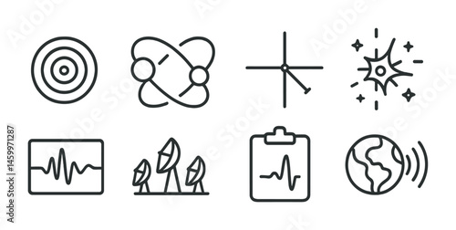 Set of eight science and technology line icons illustrating radar, atom, clock, star, wave, satellite dish, clipboard, and earth.