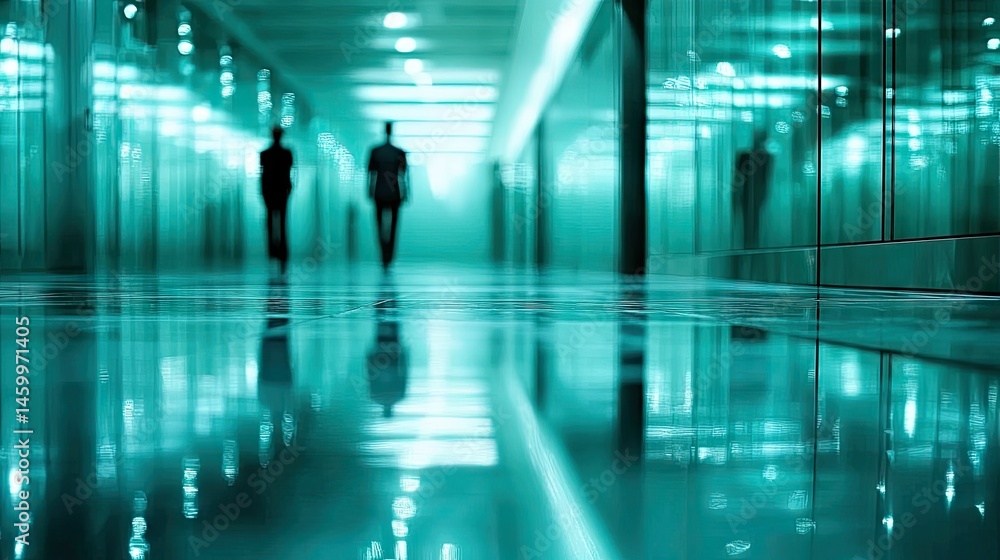 People Walking in Modern Illuminated Hallway People Walking in Modern Illuminated Hallway