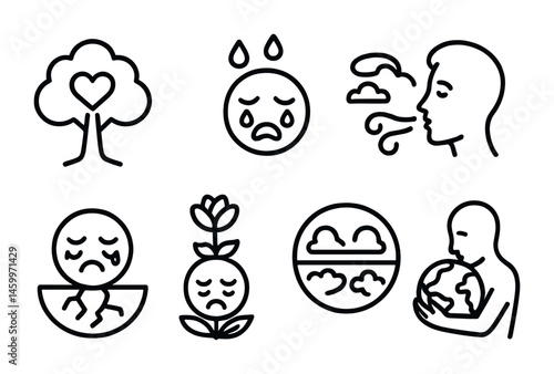 Climate change illustration: emotional expressions and environmental symbols.