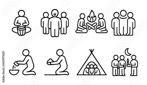 Line art of community gathering and outdoor activities with people and camping symbols.