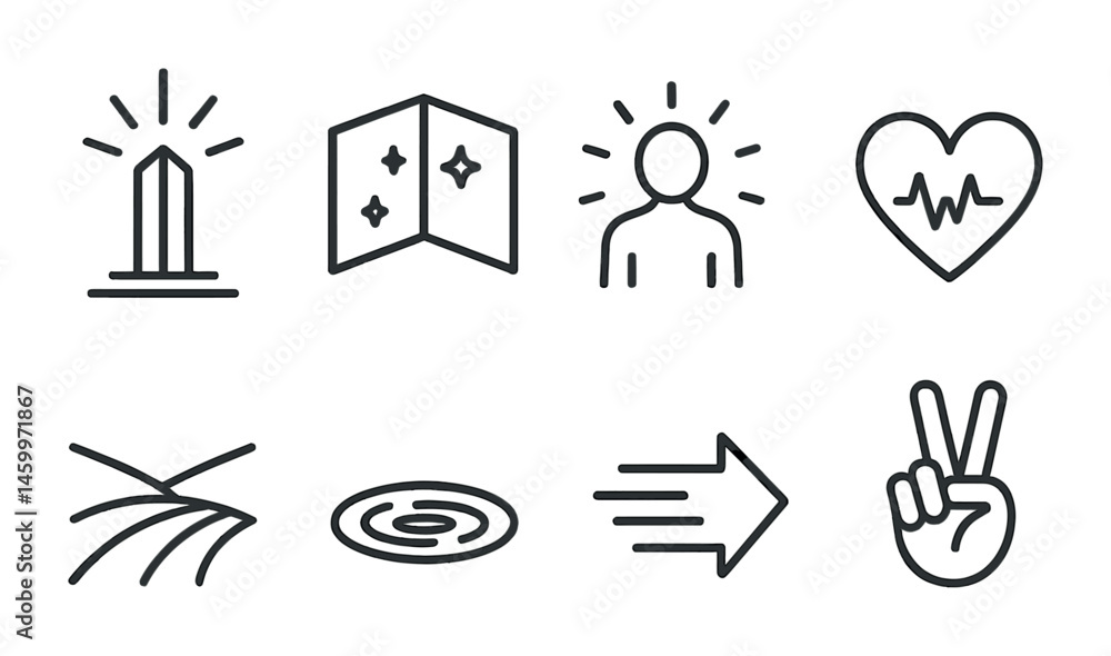 Fototapeta premium Minimalist symbol set featuring monument, map, person, heartbeat, field, portal, arrow, peace sign.