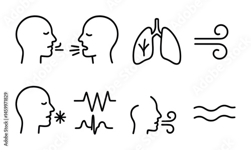 Breathing and sound icon set depicting communication and respiration symbols.
