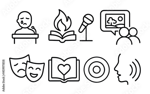Icon set of public speaking, storytelling, and communication concepts in line art.