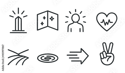 Minimalist symbol set featuring monument, map, person, heartbeat, field, portal, arrow, peace sign.
