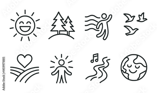 Nature and wellbeing icons: sun, trees, birds, earth, heart, music.