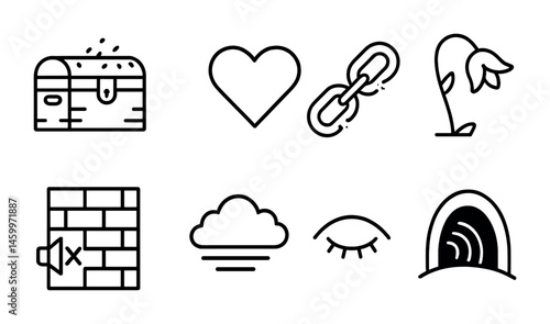 Minimalist icon set featuring chest, heart, chain, flower, mute, cloud, eye, arch.