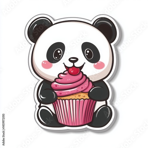 A charming panda savors a delightful pink cupcake, creating an image of joy and sweetness. The panda's playful nature comes to life, offering a delightful visual.