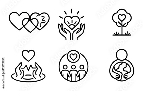 Heart symbol icons: love, care, nature, community, environment.
