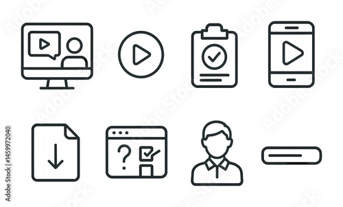 Video icons and web elements: play, download, user, and interface symbols.