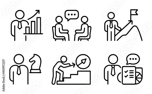 Business strategy and leadership icons set with charts and communication.