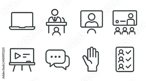 Online education icons: laptop, lecture, video call, presentation, whiteboard, chat, hand, checklist.