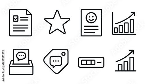 Simple line icons of document, star, profile, graph, chat, and progress bar.