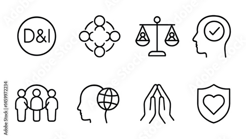 Diversity and inclusion icons: equality, empowerment, unity, justice, protection.