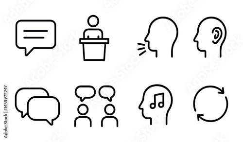 Communication icons: speech, listening, conversation, music, presentation, interaction.