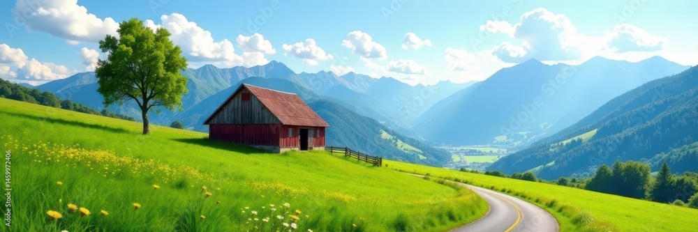 Obraz premium Solitary barn, green meadow, distant mountains, winding road, stock, grass, idyllic