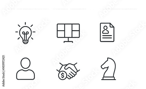 Business and strategy icons including lightbulb, monitor, resume, user, handshake, and knight.
