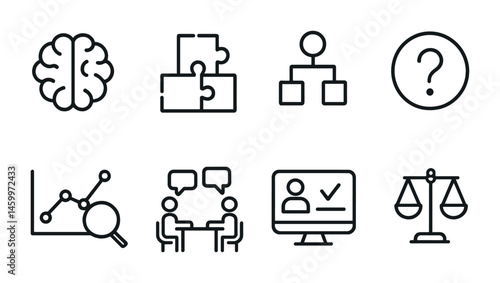 Collection of business and analysis icons: brain, puzzle, diagram, conversation, verification, scale.