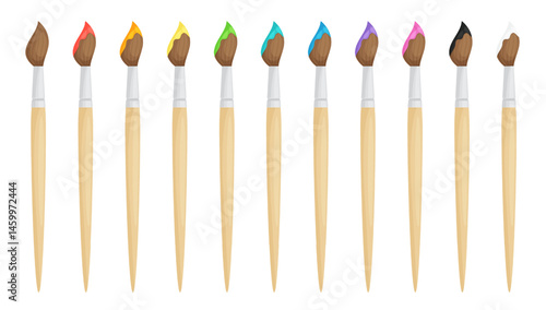 Icons of art brushes with color paints. Paintbrushes, artist tools, school supplies with watercolor, oil dye or gouache isolated on white background, vector cartoon illustration