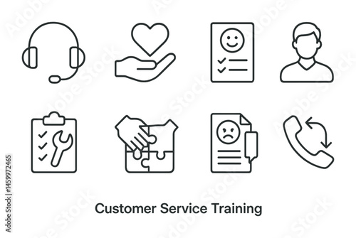 Customer service training icons: headset, heart, checklist, puzzle, communication symbols.