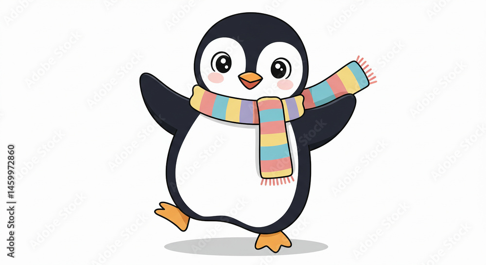 Obraz premium Cute penguin with colorful scarf, white background