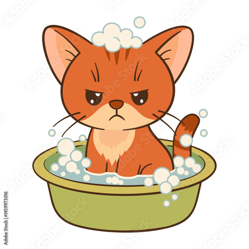 Grumpy orange tabby cat sitting in green tub filled with soap bubbles. Kawaii style, clean lines vibrant colors. For greeting cards, stickers, digital content, pet care, hygiene, humorous contexts.