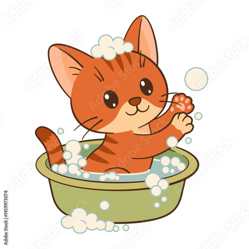 Cute cat bathes in basin of soapy water, catches a soap bubble. Cute ginger tabby kitten Chibi Flat style clean, simple design. For children’s content, greeting cards, stickers, tshirts, mug, poster