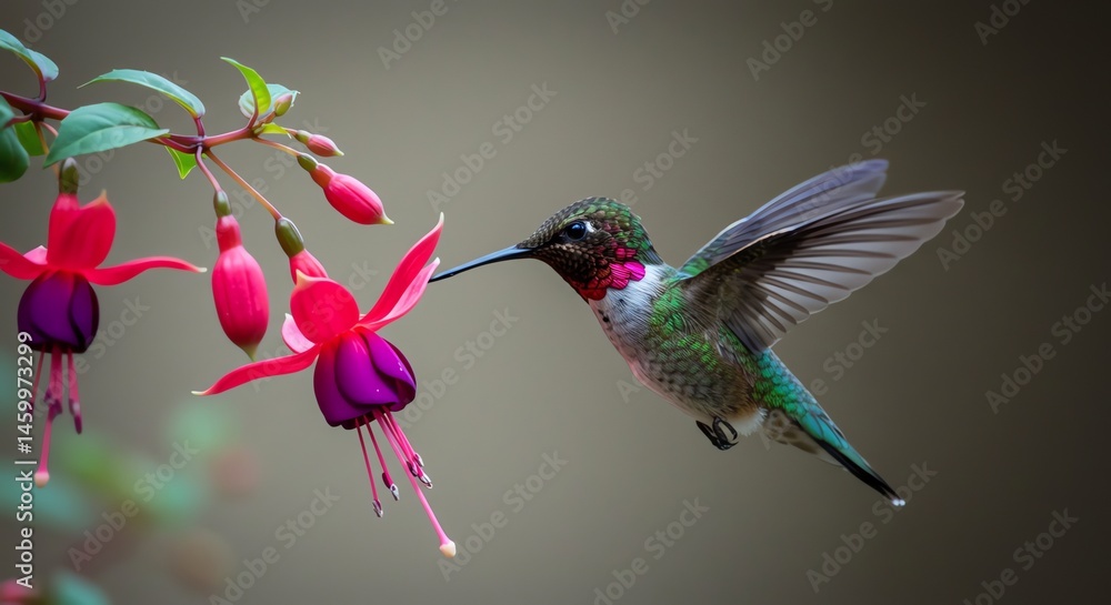 Fototapeta premium Hummingbird feeding on vibrant fuchsia flower in natural setting image