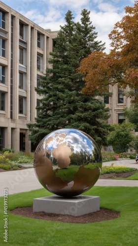 Reflecting earth globe sculpture on campus with trees and building symbolizing global studies and environmental awareness