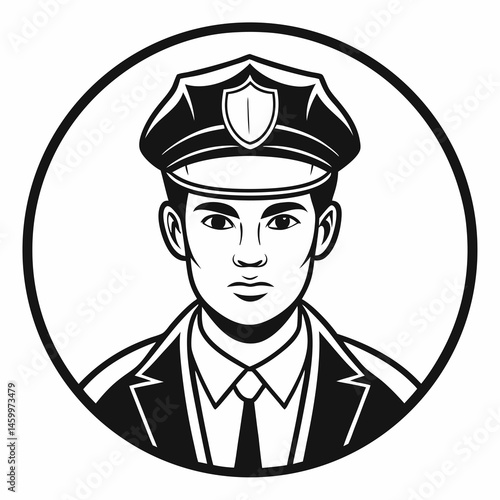 Monochrome Vector Portrait Of A Police Officer In Uniform Within Circular Frame