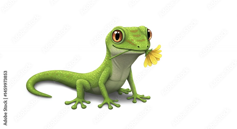 Obraz premium Green gecko holding a yellow flower
