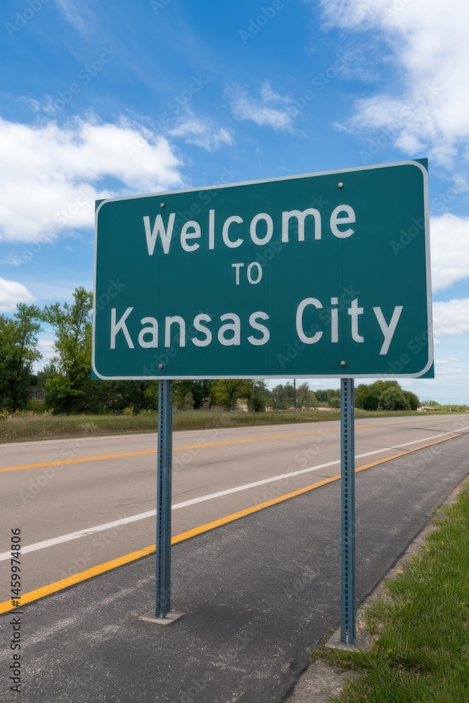 Welcome to Kansas City Sign on Roadside - Travel Destination, Tourism, and City Entrance in Missouri, USA under Blue Sky Welcome to Kansas City Sign on Roadside - Travel Destination, Tourism, and City Entrance in Missouri, USA under Blue Sky