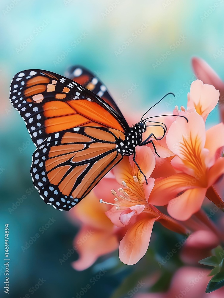 Naklejka premium Close-up of a butterfly resting on a pink flower. the butterfly has orange and black wings with white spots, and its body is resting on the petals of the flower.