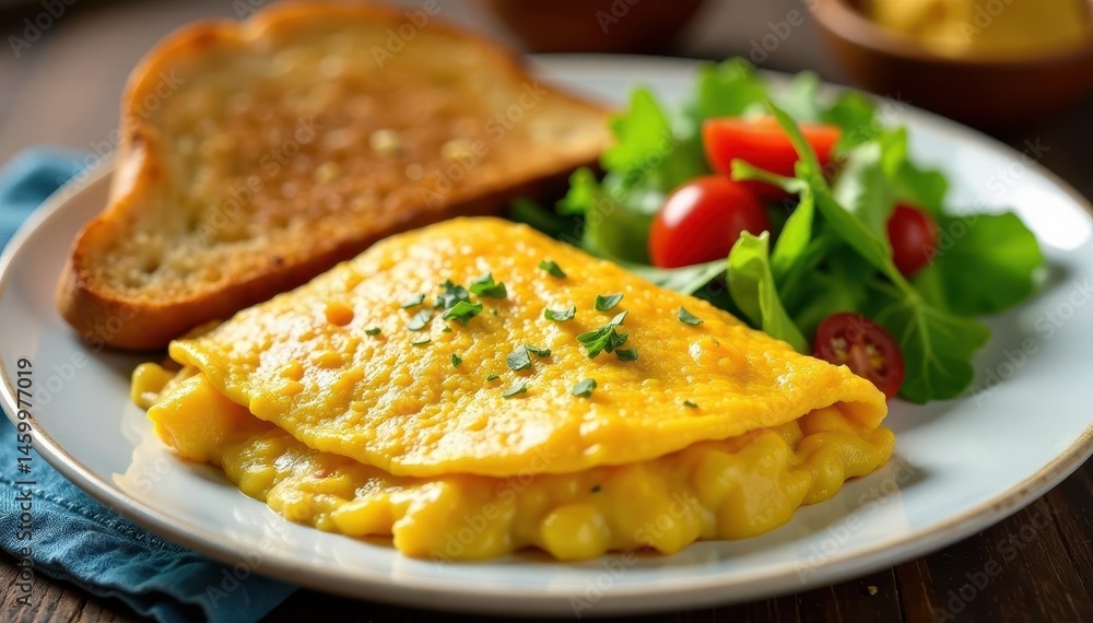 Golden cheese omelette, crisp toast, vibrant green salad , foodphotography, tasty Golden cheese omelette, crisp toast, vibrant green salad , foodphotography, tasty