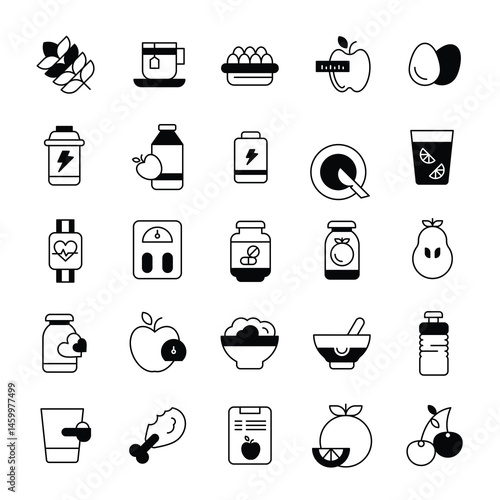 Healthy Eating and Fitness. Food and Nutrition Icons